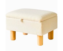 Kleine Voetenbank Met Opslag – Faux Teddybont Voetkruk Ottomaanse Met Houten Poten – Voor Woonkamer, Slaapkamer, Entree en Kantoor – Wit YD-JD136W