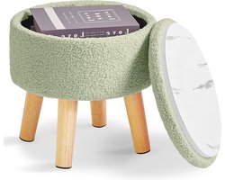Kleine voetenbank met opslag - Ronde poef met gewatteerde zitting - Houten poten - Teddy fluwelen mini-voetenbank - Woonkamer slaapkamer entree groen