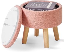 Kleine voetenbankje, voetenbank met opbergruimte, ronde poef, voetensteun, kruk met gevoerde zitting en deksel, teddy fluweel, mini-voetensteun voor woonkamer, bank, ingang, roze