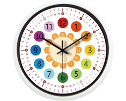 Kleine wandklok, 12 inch stille, niet-tikkende wandklok op batterijen, kleurrijke kinderklok om te leren voor de kinderkamer, speelkamer, slaapkamer, kinderkamer, school en klaslokaal.