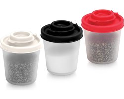 Kleine zout- en peperstrooiers voor op reis - Mini-schudbekerset voor zout en peper met deksel om mee te nemen - Perfect voor reizen, kamperen en onderweg - Afsluitbaar - 85 g, 3 stuks