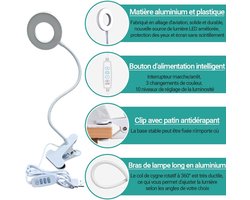 Klemlampen - Kantoorlamp, 3 Verlichtingsmodi, Klemleeslamp voor Lezen en Werken, Met USB Oplader, 360 Graden Roterende Lichtarm [Energieklasse G]