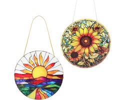 Kleurige glazen zon vangers 20 x 20 cm voor raamdecoratie, met ketting en haak voor tuin, balkon en woonkamer