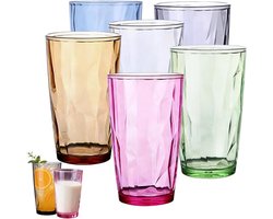 Kleurige set van 6 grote drinkglazen van 500 ml voor cocktails, sap en water, ideaal voor thuis en horeca