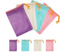 Kleurige Zeepzakjes met Trekkoord, 4 Stuks voor Vaste Zeep, Ideaal voor Douche en Schuimen, Herbruikbare Mesh Zakjes voor Droogproces