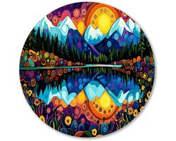 Kleurrijk berglandschap bij zonsopgang - Natuur wanddecoratie rond - Ronde wandprint bergen - Psychedelisch - Metalen muurdecoratie rond - Kantoor decoratie - muurcirkel aluminium 70x70 cm