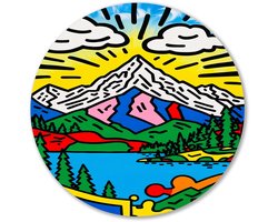 Kleurrijk berglandschap met meer - Natuur schilderij rond - Wandobject rond berg - Pop Art - Forex decoratie rond - Metalen wanddecoratie - muurcirkel forex 60x60 cm