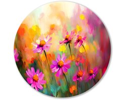 Kleurrijk bloemenveld - Bloemen wanddecoratie rond - Wandschalen natuur - Impressionisme - Ronde print - Woonkamer accessoires - muurcirkel aluminium 50x50 cm