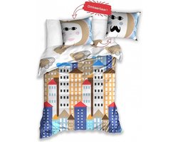 Kleurrijk dekbedovertrek - fantasie stad - eenpersoons met 1 kussensloop - 100% katoen