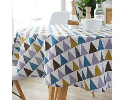 Kleurrijk driehoekig Boheems tafelkleed, rond Scandinavisch keperstof tafelkleed, kreukvrije stof, geblokt tafelkleed, tafelkleed in landelijke stijl, geschikt voor keuken, restaurant, feesten, picknicks in de buitenlucht (rond 120 cm).