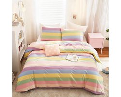 Kleurrijk kinderbeddengoed 135 x 200 cm katoen - regenboogstrepen - tiener meisjes - omkeerbaar dekbedovertrek - ritssluiting - kussensloop 80 x 80 cm