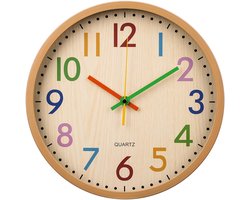 Kleurrijk stille wandklok, kinderklok, tikt niet, werkt op batterijen, ronde klok met bamboenerf voor klaslokaal, school, kantoor, slaapkamer, kinderkamerdecoratie, 30 cm