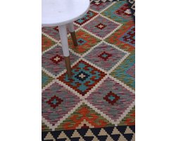 Kleurrijk Tapijt Laagpolig Handgeweven Wollen Vloerkleed - Koho Afghan Kelim 148x102 - 148x102cm- Modern - Woonkamer - Salon - Slaapkamer - Eetkamer
