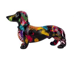 Kleurrijk Teckel Beeld 20cm – Moderne Honden Beeldje – Decoratieve Dachshund Sculptuur – Kunst Resin Beeld – Woondecoratie voor Interieur & Cadeau