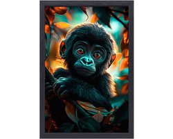 Kleurrijke baby gorilla in natuur - Aap schilderijen canvas - Wandkunst baby - Hyperrealisme - Canvas lijst - Kantoor accessoires - Canvas met baklijst 40x60 cm
