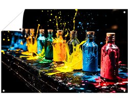 Kleurrijke glazen verfexplosie - Kleur tuinprint - Tuinschilderij flessen - Abstracte kunst - Tuinaccessoires - Tuinschilderijen - tuinposter 120x80 cm
