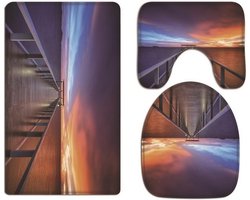 Kleurrijke Hemel Zonsondergang Lange Houten Pier Brug Zeeblauw Oceaan Print Flanellen Doek Wasbare Toilet Stoelhoezen Deksel Covers Kussens Pads Skidproof Badmat Rug voor Toilet Accessoires