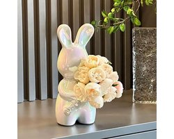 Kleurrijke Keramische Konijn Sculptuur met Bloem - Decoratieve Beeldjes voor Woonkamer, Kantoor en Plank, Unieke Vaas voor Interieurdecoratie