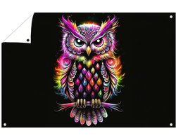 Kleurrijke neon uil illustratie - Uil tuinprint - Tuinschilderijen dier - Psychedelisch - Tuin accessoires - Tuinschilderij - tuinposter 45x30 cm