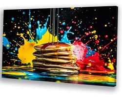 Kleurrijke pannenkoeken met stroop - Pancakes schilderij op canvas - Kunstwerk voedsel - Pop Art - Muurdecoratie industrieel - Woonkamer accessoires - canvas 100x75 cm