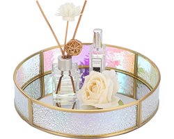 Kleurrijke ronde glazen metalen spiegelende sieradenschaal voor sieraden, cosmetica, parfumflesjes, sieradenorganizer, kaptafel, slaapkamer, badkamer, huisdecoratie, cadeau, verjaardag, groot.