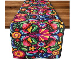 Kleurrijke Tafelloper met Bloemen in Vintage Mexicaanse Stijl voor Huiskamer, Keuken en Feestjes - 40 x 140 cm Linnen Decoratie