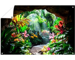 Kleurrijke tropische tuin in zonlicht - Natuur tuinprint - Tuinschilderijen planten - Realistische kunst - Tuinaccessoires - Tuinposters decoratie - Tuinposter 120x80 cm