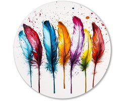Kleurrijke veren in abstract ontwerp - Veren wandcirkel - Wandbord dieren - Abstracte kunst - Dibond - Woonkamer decoratie - muurcirkel aluminium 70x70 cm