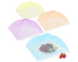 Kleurrijke Vliegenhoezen voor Voedsel - 4 Stuks in Geel, Paars, Blauw en Oranje - Ideaal voor Barbecues en Tuinfeesten