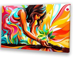 Kleurrijke vrouw met zaailing - Groei wanddecoratie - Kunstwerk vrouw - Psychedelisch - Wanddecoratie klassiek - Wanddecoratie woonkamer - canvas 70x50 cm