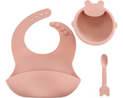 KliederZ 3-delige Siliconen Eetset | voor baby en peuters | Slabbetje Schaaltje Lepel | Kwalitatieve kinder serviesset met opvangbakje en zuignap | Lichtroze Peach SE03