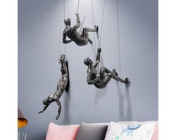 Klimmers Wanddecoratie Trio - Hangende Beeldjes - Stijlvolle Muurdecoratie - Handgesneden Metaal - 32.5 x 13 cm - Zilver