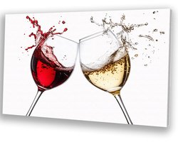 Klinkende wijnglazen met rode en witte wijn - Cheers muurdecoratie - Kunstwerk wijn - Hyperrealisme - Landelijk schilderij - Schilderijen & posters - canvas 70x50 cm