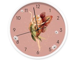 Klok Fairy Ginger roze 30 cm | Dutch Sprinkles - kinderklok met elfje met rood haar - wit frame, zwarte wijzers - kinderkamer accessoire - meisjes klok - stille wandklok