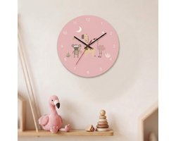 Klok | Junglediertjes roze | Kinderen | Wandklok rond| Kinderkamer | Ø 30 cm | Inclusief AA-batterij | Fotofabriek