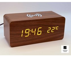 Klok modern decoratief - houtlook - Donkerbruin - Thermometer - Kalender - Helderheid instelbaar - Digitale klok - Inclusief 230v stekker - v2