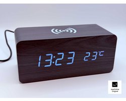 Klok modern decoratief - houtlook - Zwart - Thermometer - Kalender - Helderheid instelbaar - Digitale klok - Inclusief 230v stekker