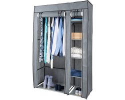 KM3G XL opvouwbare kledingkast – Metalen frame met 140KG draagkracht – Stoffen garderobekast – 5 opslag planken en 1 ophangstang – Ruimtebesparende kleerkast – Grijs – 110x45x175CM