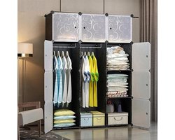 KM4B XXL modulaire kledingkast – 12 opslag vakken en 2 ophangstangen – Zeer stevig metalen frame – Kunststof garderobekast – Ruimtebesparende vakkenkast – Zwart – 110x46,5x145CM