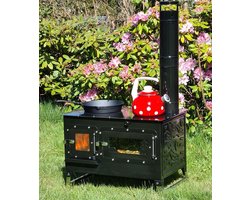 KMP01 Sabah Camping Houtskachel Met Oven- Cook Camping Stove – Zwart- Roestvrij Staal – Outdoor- Draagbaar Kachel – Buitenoven Tentkachel – Pizza Oven Outdoor – Mini houtkachel vrijstaand – Campingkachel – Tentfornuis -Met Schoorsteenpijpen – Compact