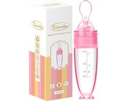 Knijpfles met lepel – Drinkfles - Baby / Kinderbestek - Kraamcadeau – Babyshower – Roze