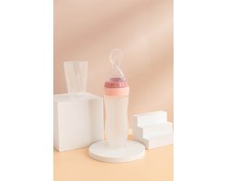 Knijpfles met lepel - Life Nur - Baby / Kinderbestek - Kraamcadeau – Babyshower - Roze - 120ml