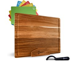 Knipy 7-Delige Snijplankenset met Houder (41x33 cm) - Snijplank Acacia Hout met 5 Kunststof Snijmatten - Snijplanken Set - incl. Dunschiller en E-book