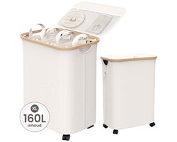 Knipy Wasmand 3 Vakken - Wassorteerder met Deksel - Wasbox op Wielen - 160L - Opvouwbaar - Laundry Basket Bamboe - Incl. 5 Waszakken & 5 NL Labels - Beige