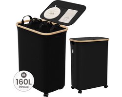 Knipy Wasmand 3 Vakken - Wassorteerder met Deksel - Zwart - 160L - Opvouwbare Wasmanden op Wielen - Bamboe Laundry Basket - Incl. 5 NL Labels, Waszakken & Wasknijpers