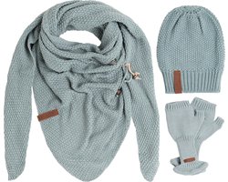 Knit Factory 3-delige Dames Winterset - Coco Omslagdoek - Coco Muts - Cleo Vingerloze Handschoenen - Set met sjaal, beanie en handschoenen voor dames - Stone Green