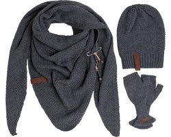 Knit Factory 3-delige Dames Winterset - Coco Omslagdoek - Coco Muts - Cleo Vingerloze Handschoenen - Set met sjaal, beanie en handschoenen voor dames - Antraciet