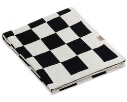 Knit Factory Caro Gebreid Plaid - Woondeken - plaid - Katoenen deken - Kleed - Geblokt motief - Ecru/Zwart - 160x130 cm