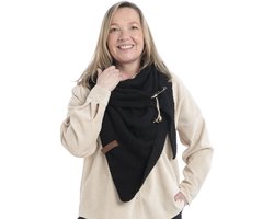 Knit Factory Coco Gebreide Omslagdoek - Driehoek Sjaal Dames - Dames sjaal - Wintersjaal - Stola - Wollen sjaal - Zwart - 190x85 cm - Inclusief sierspeld