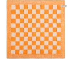 Knit Factory Gebreide Keukendoek - Keukenhanddoek Block - Geblokt motief - Handdoek - Vaatdoek - Keuken doek - Ecru/Orange - Traditionele look - 50x50 cm